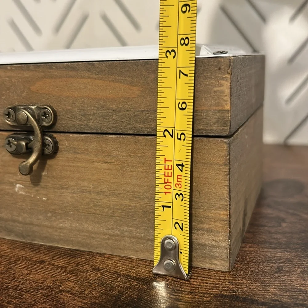 Wooden Trinket Jewelry Storage Box Floral Enamel Tin Top Metal Clasp Closure